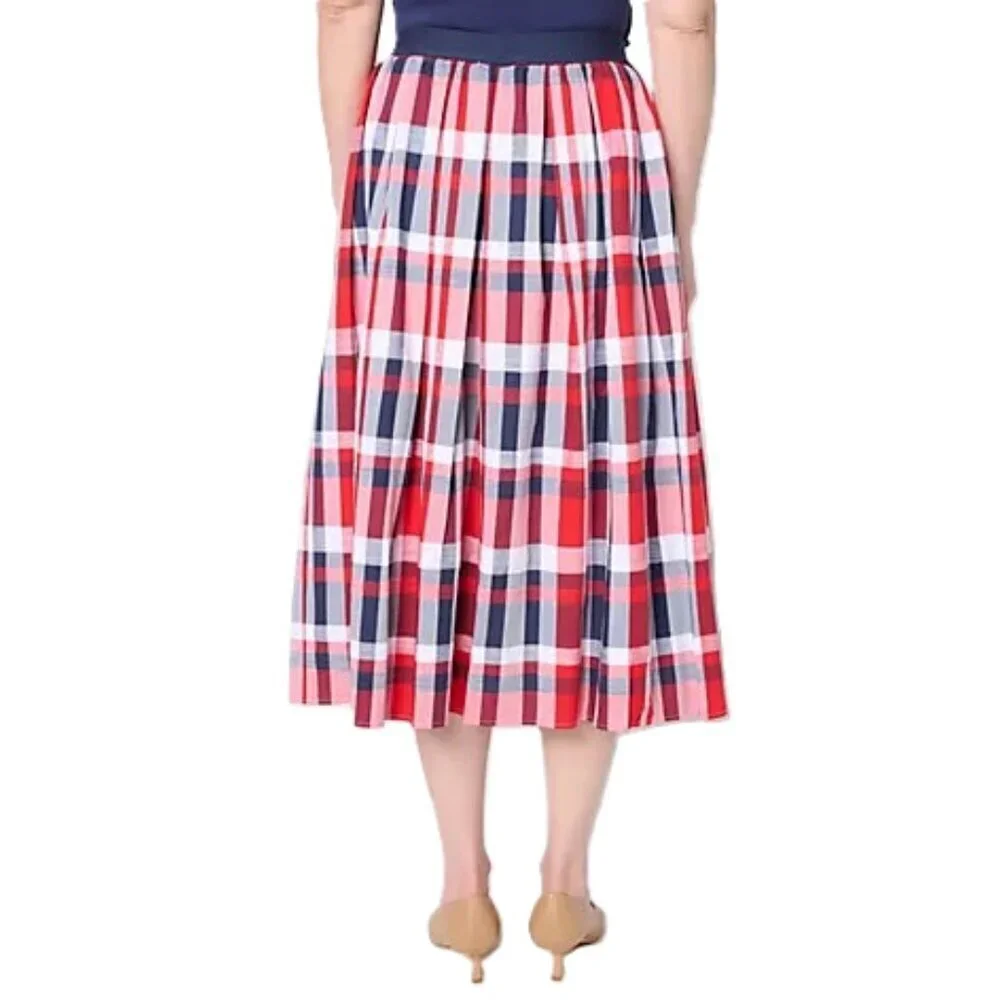 Women's Madras Plaid Full Midi Skirt Elastic Waist XLP Americana 4th of July
